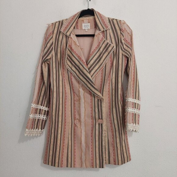 HEMANT & NANDITA Women's Striped Beige Multicolor Double Breasted Jacket Size S - Picture 1 of 10